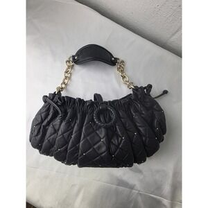 BCBG MAXAZRIA Black Leather Shoulder Mini Bag HOBO Studded Chain Accent Y2K